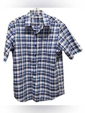 Tasso Elba Button Down Shirt Blue White Plaid Short Sleeve Mens Size Medium